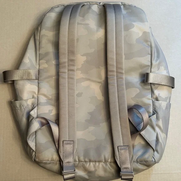 Lululemon Light Gray Camo Backpack Black Logo Hardware Zip Front & Top  18x16